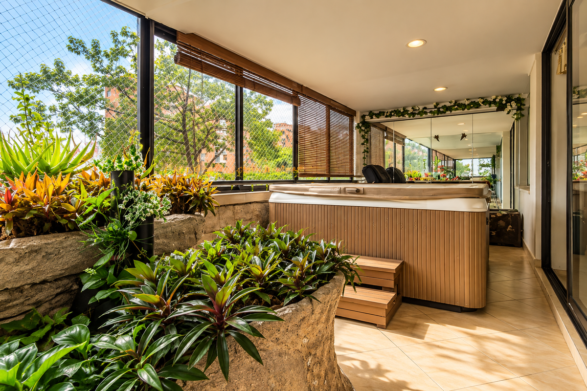 Jacuzzi privado en terraza con plantas tropicales